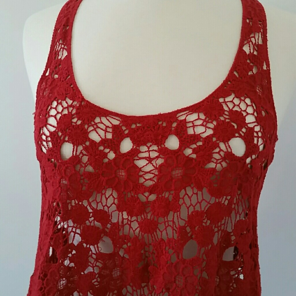 Red Crochet Floral Pattern Top