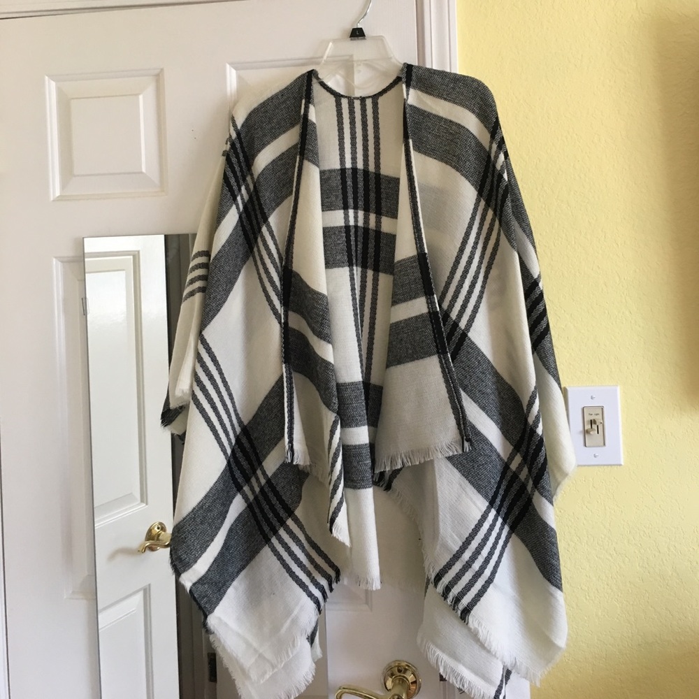 White and black plaid poncho