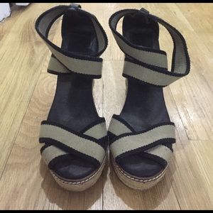 Tory Burch Adonis High Wedge Black and Tan, size 8