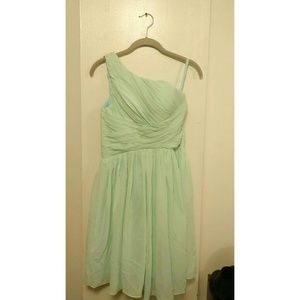 One shoulder mint green dress.