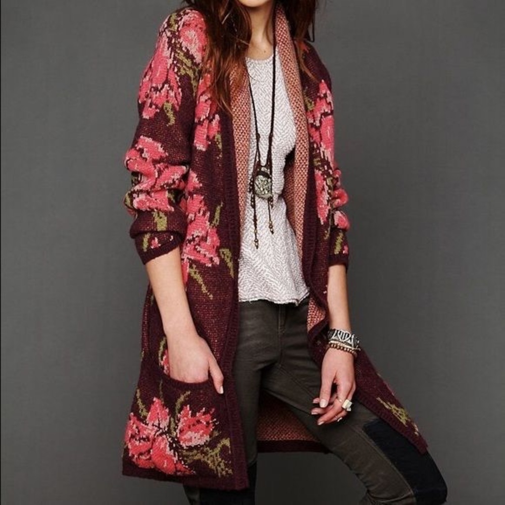 Free People purple maroon Flower Power Cardigan M