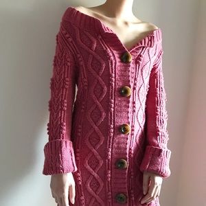 cable knit long cardigan in coral pink