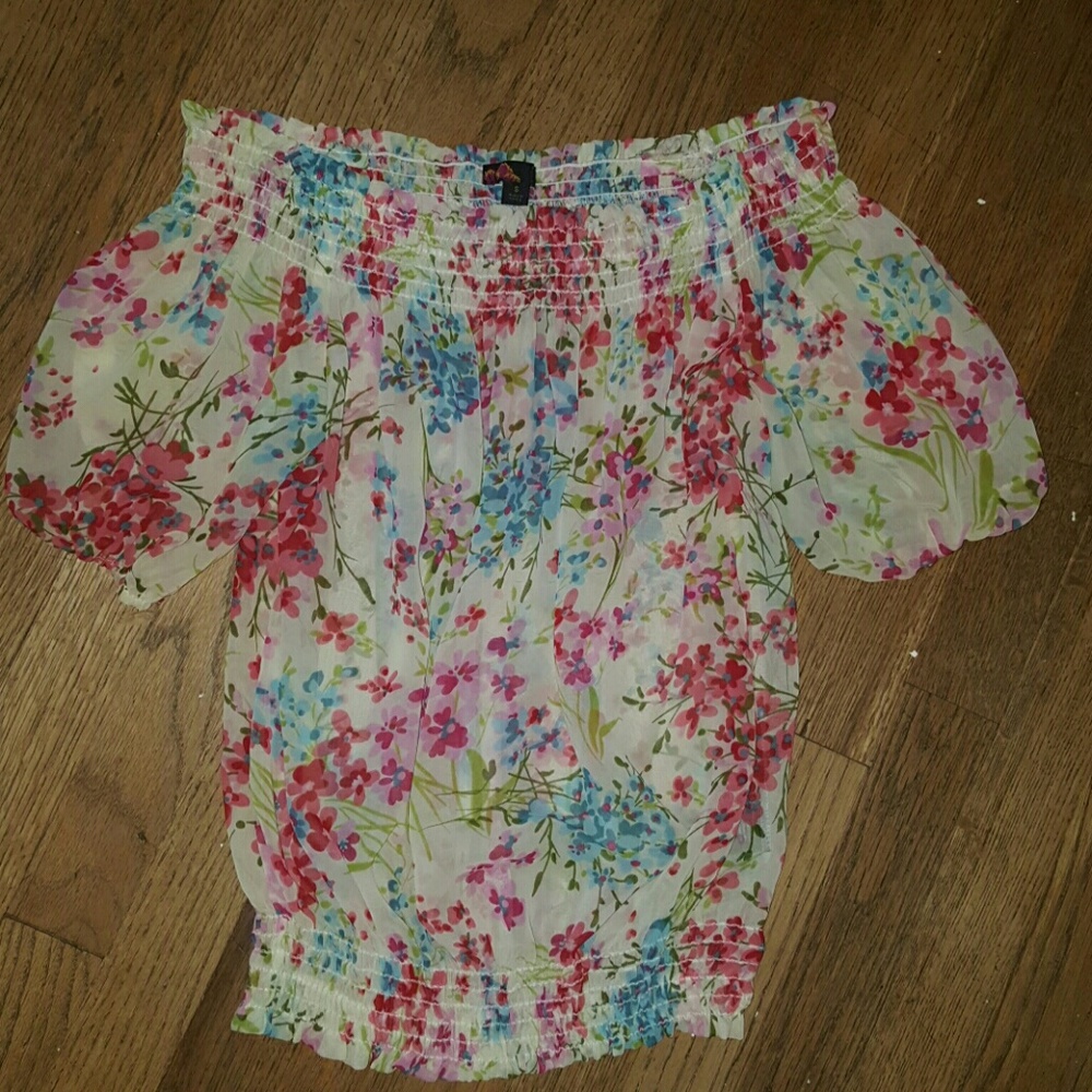 off-the-shoulder sheer floral top