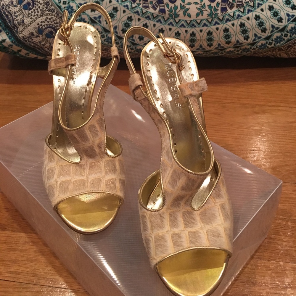 BCBG distressed leopard print gold heels