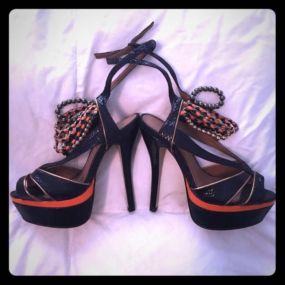 Black and Orange Heels Snake skin Heels