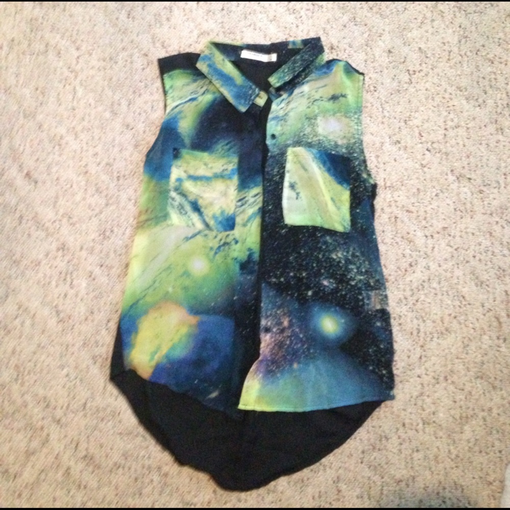 Galaxy print button up chiffon tank