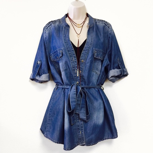Forever 21 Tops - Jean Button Down Cardigan W/ Tie