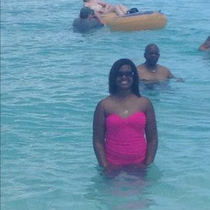 Pink strapless one piece swimsuit