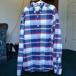 Selling a flannel that's blue, white and red