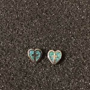 Heart, cross earring with real stone background