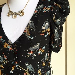 Button Down Fitted Bird Print Dress with Belt