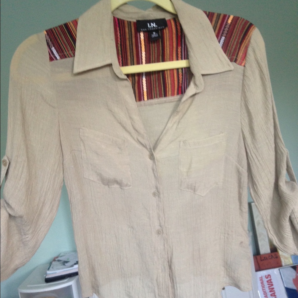 Tan/Tribal Printed Button Down/Tie Front Blouse - image 1