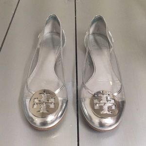 Tory Burch Silver & Clear Reva Leather Flat