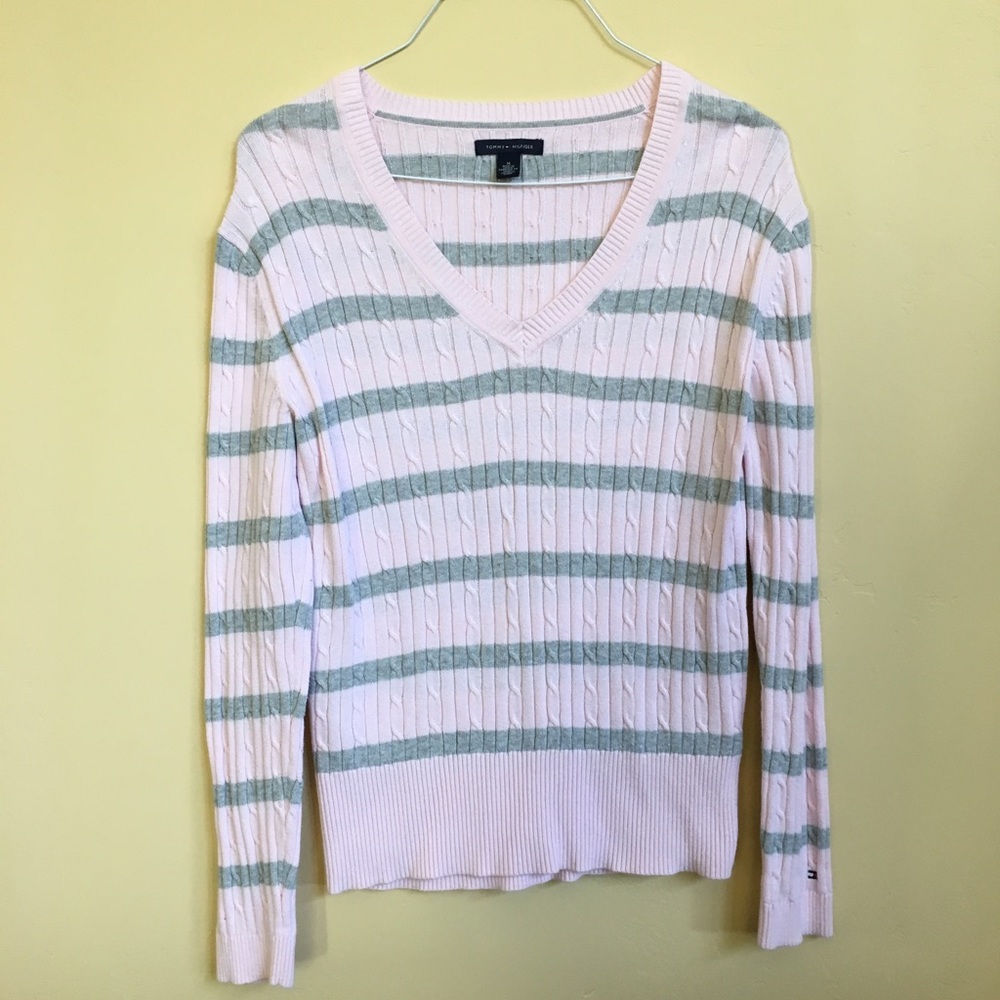 Pink striped Tommy Hilfiger v neck sweater