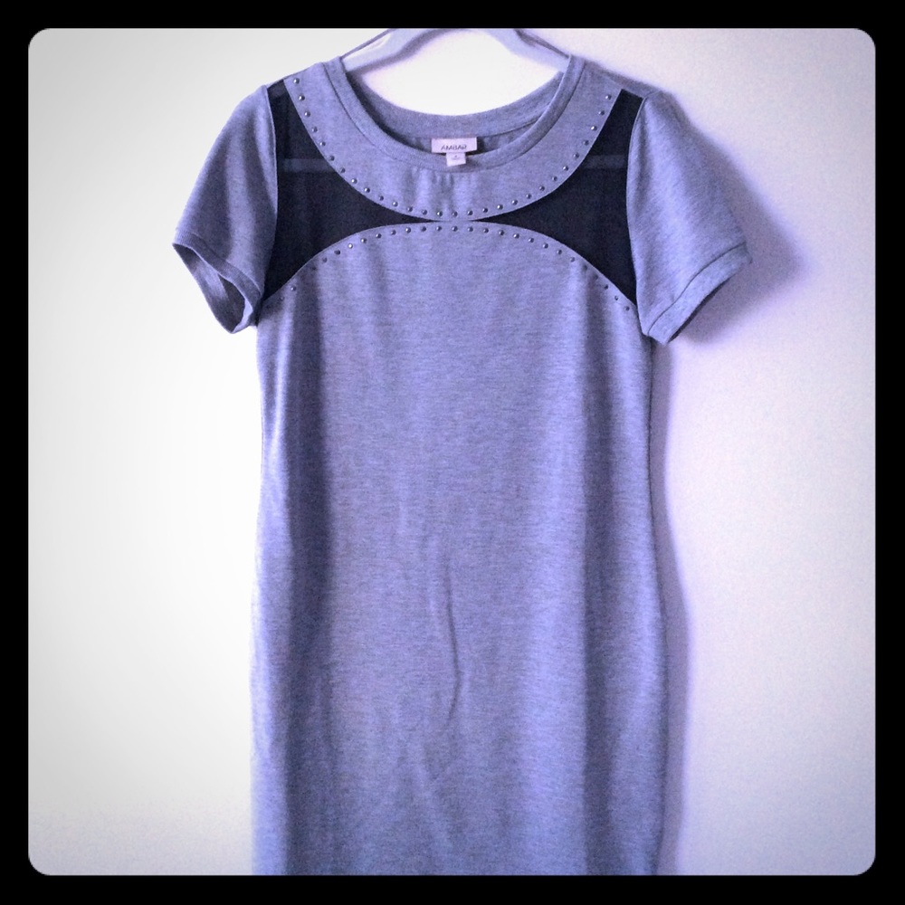 Gray and black dress with mesh cutouts