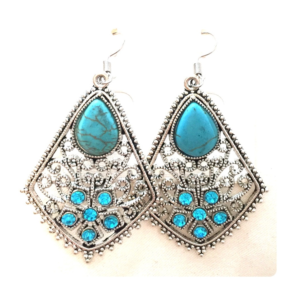 Turquoise, rhinestone and silver  droplet earrings