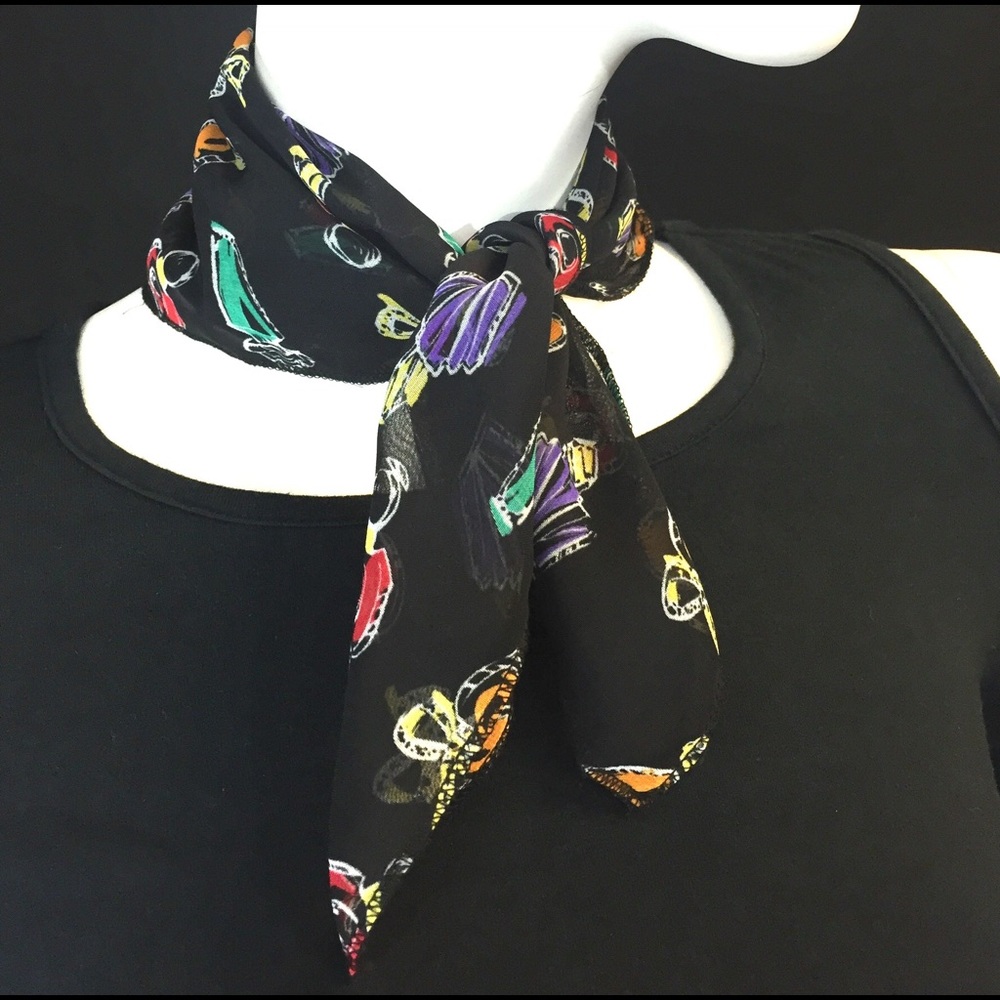 black perfume print scarf handkerchief vintage