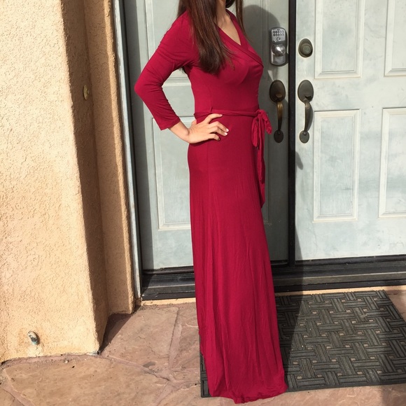 Women wrap party casual maxi dress burgundy small - Picture 3 of 4