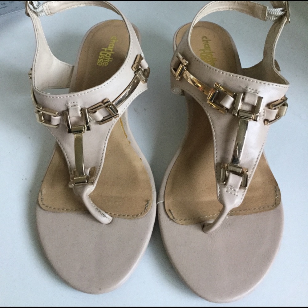 Nude Faux Leather Wedge Sandal with Gold Detailing