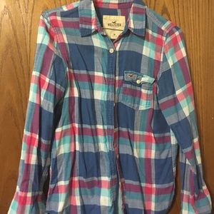 Hollister medium pink and blue plaid shirt