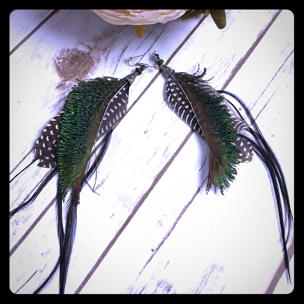 Green and black feather earrings