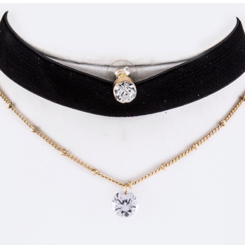 CZ Charm and Velvet Choker Necklace Set
