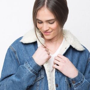 blue denim jacket with fur collar