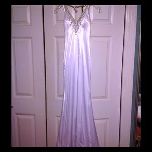 Satin White Beaded Halter-Top Formal Gown