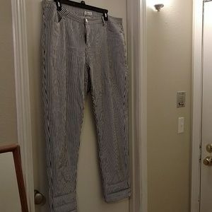 Black and white striped jeans.