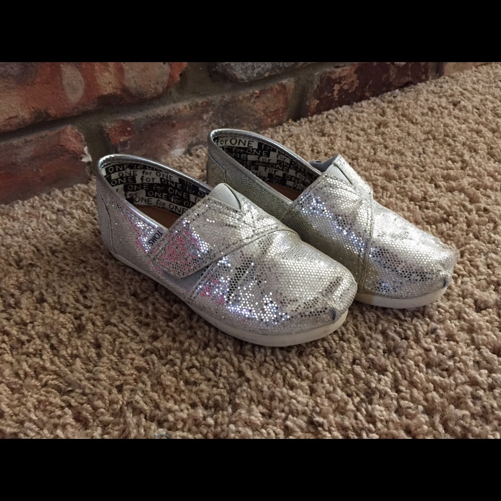 Silver sparkle Toms for little girls. Worn once!