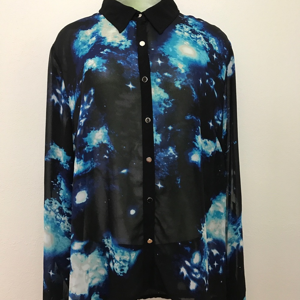 Long Sleeved Sheer Black Galaxy Buttoned Blouse