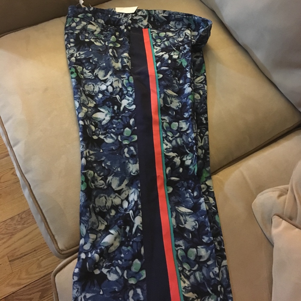Flower print slacks, w orange, green, blue stripe