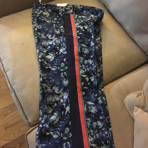 Flower print slacks, w orange, green, blue stripe - Picture 1 of 6