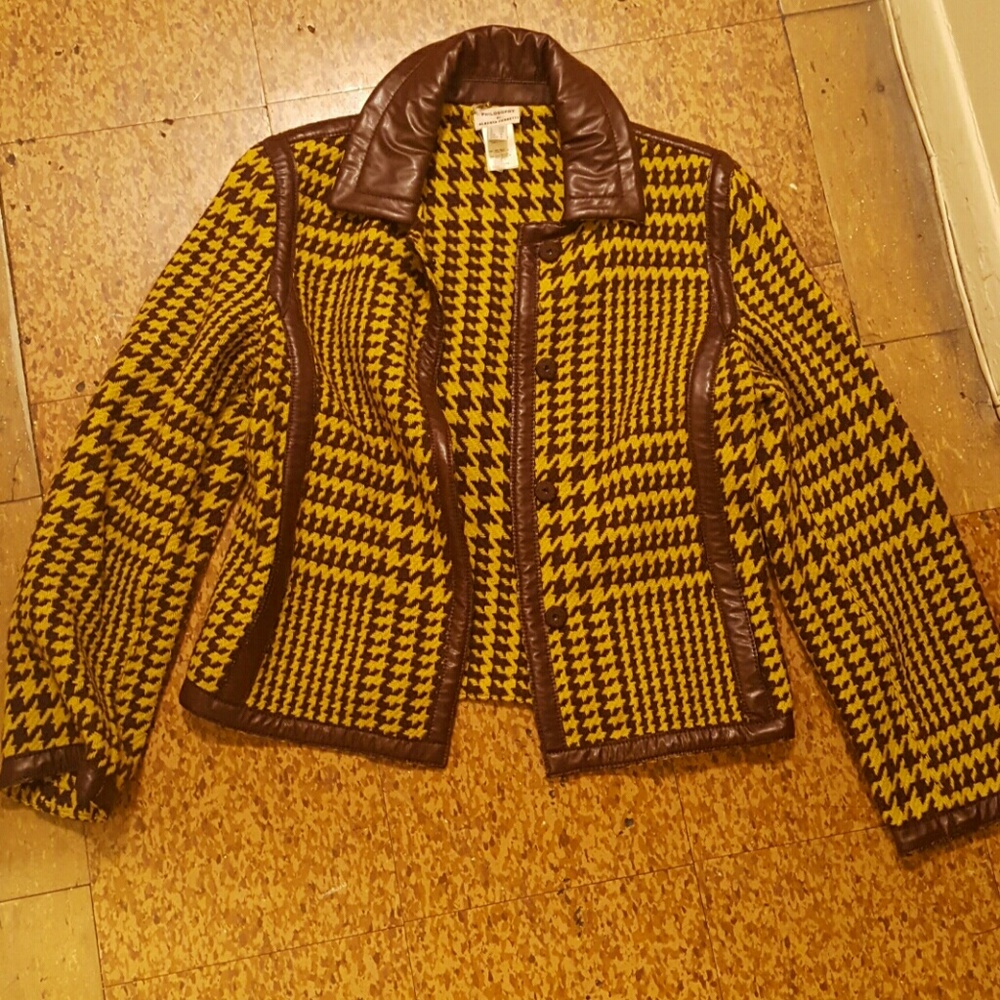 Sold -Hounds tooth blazer jacket with leather trim