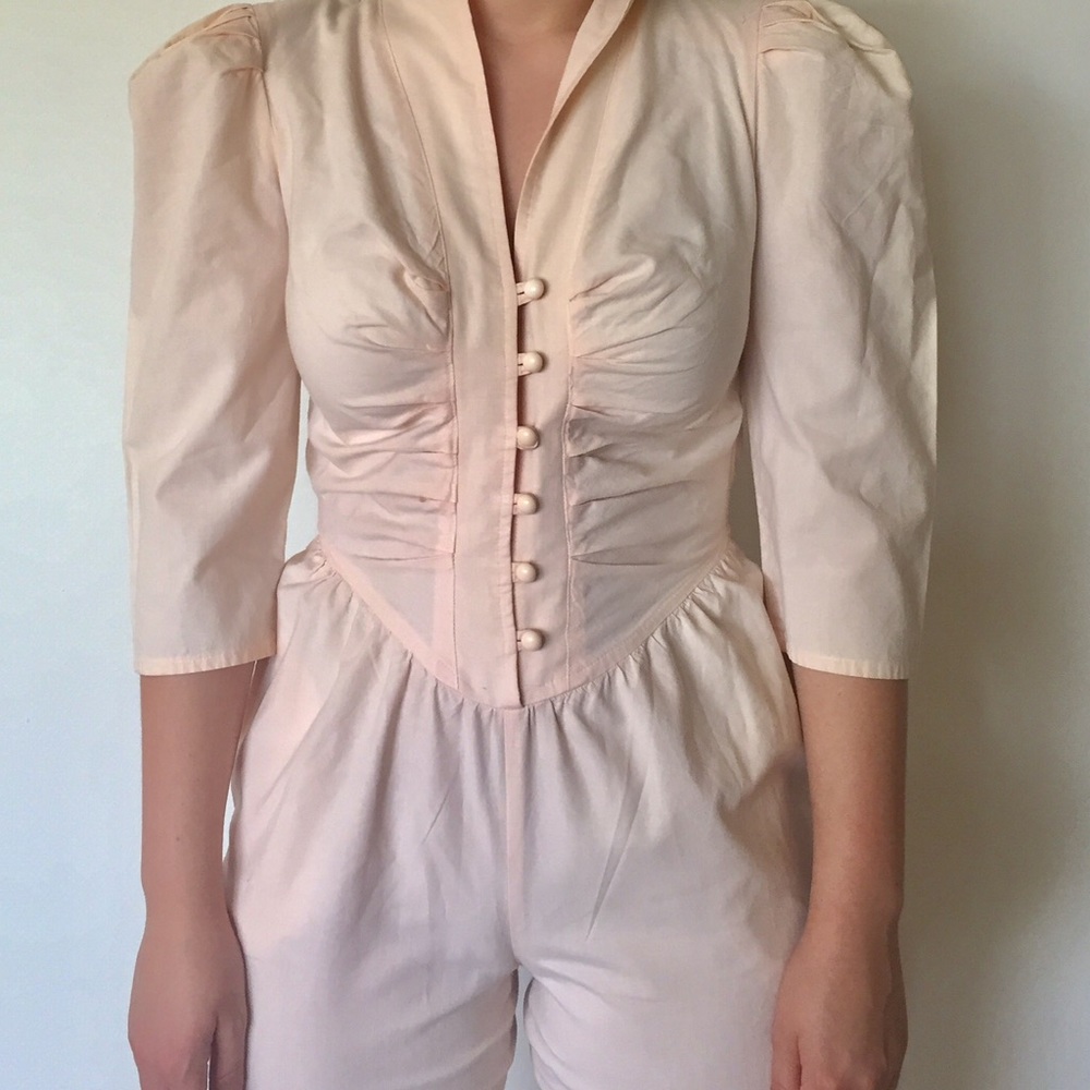 SOLD 80s Jumpsuit One Piece Peach Shoulder Pads - Picture 2 of 5