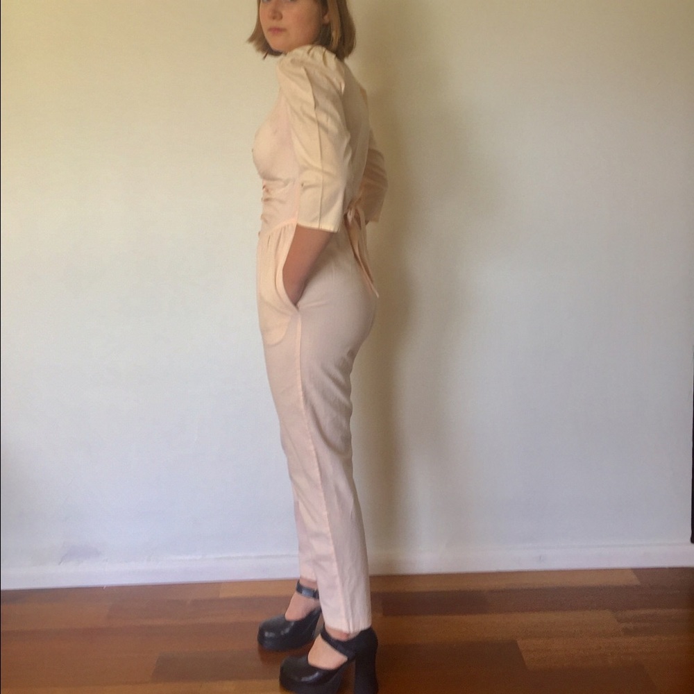 SOLD 80s Jumpsuit One Piece Peach Shoulder Pads - Picture 3 of 5