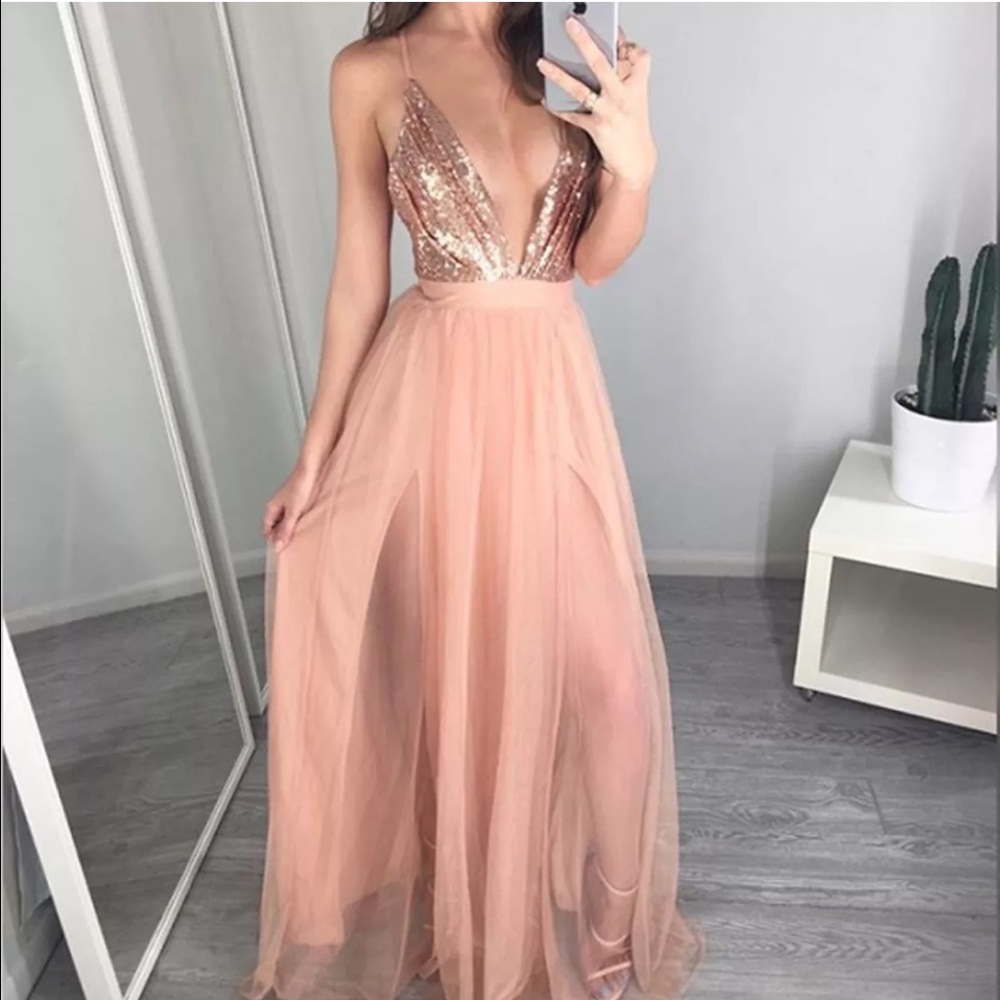 Blush Sequined Chiffon Prom Gown Formal Dress