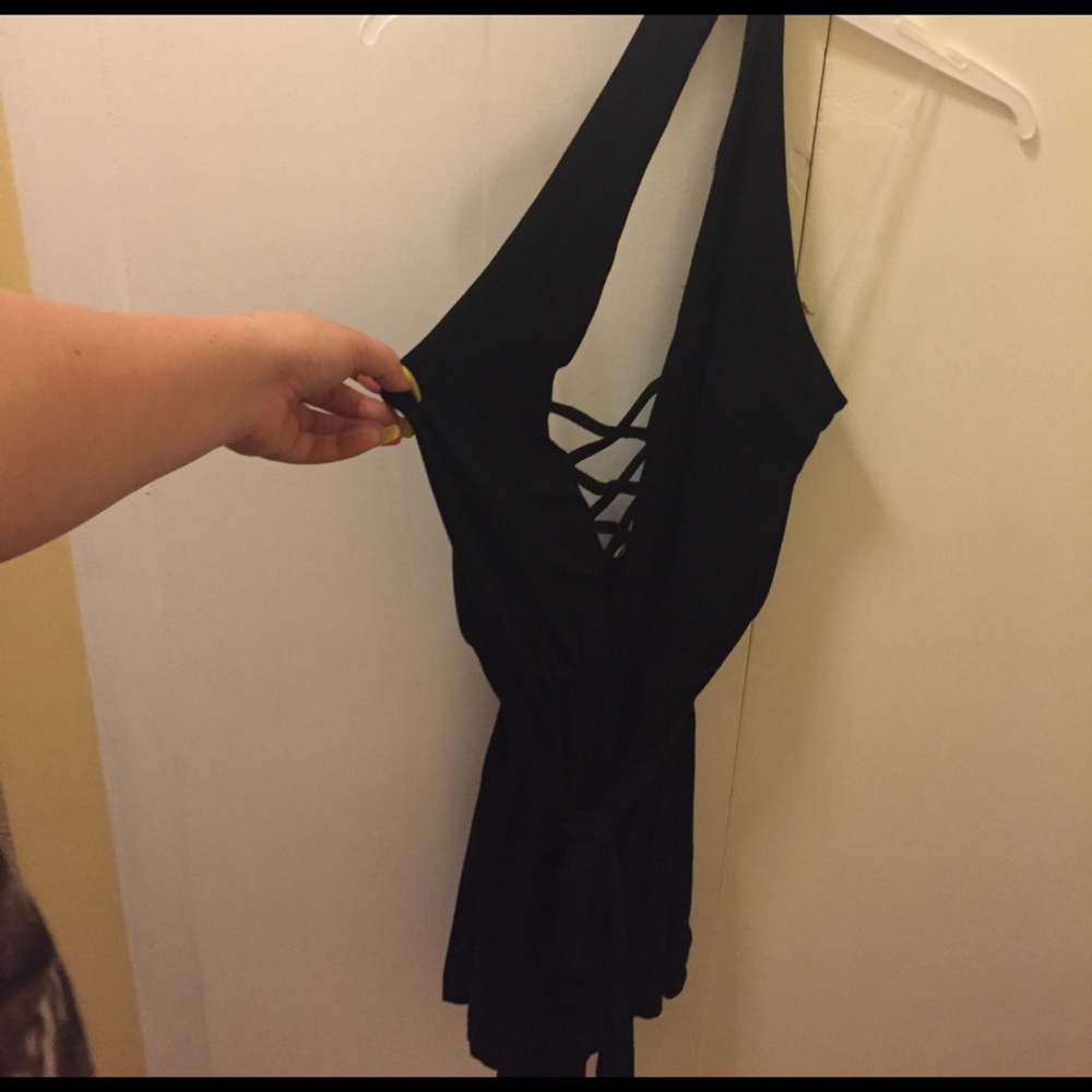 Black halter romper with tie