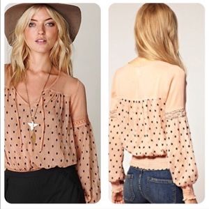 Free People Nude Chiffon Swiss Dot Peasant Top