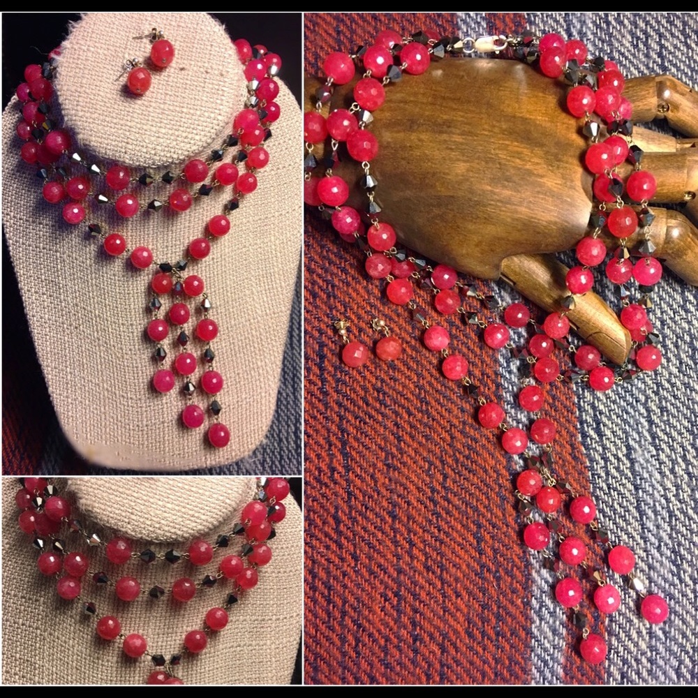 Handmade Raspberry & Silver Beaded Necklace