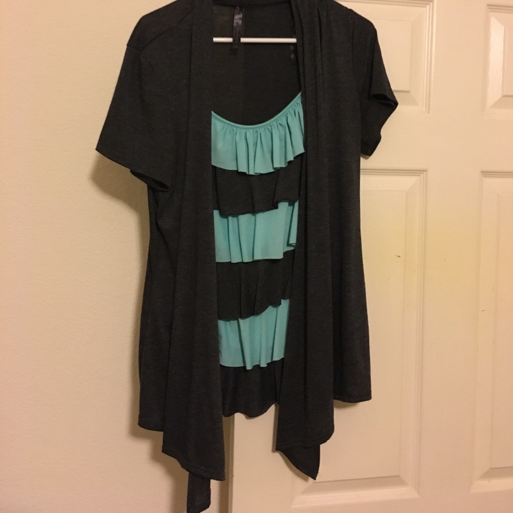 Ruffled shirt with attached short sleeve cardigan
