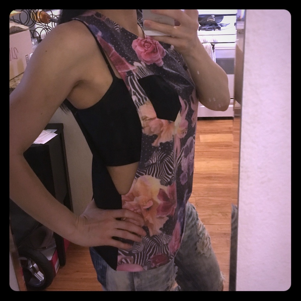 ASOS cutoff black floral top black pink zebra