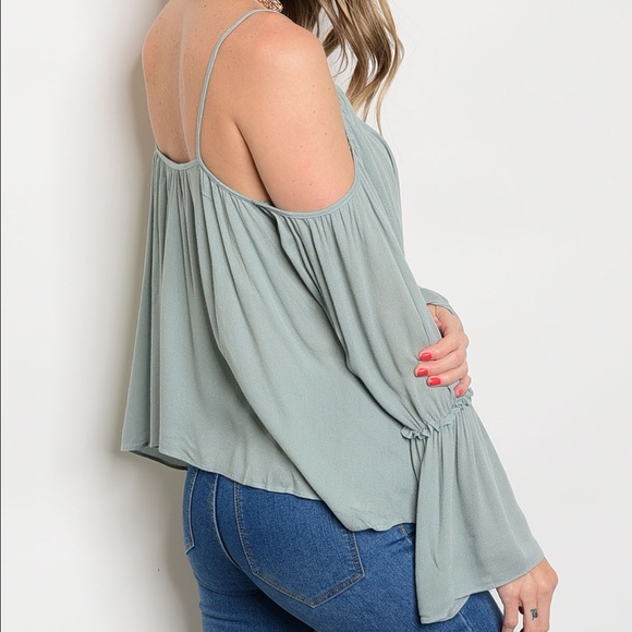 🌿LAST ONE🌿Sage Green Cold Shoulder Boho Blouse - Picture 2 of 5