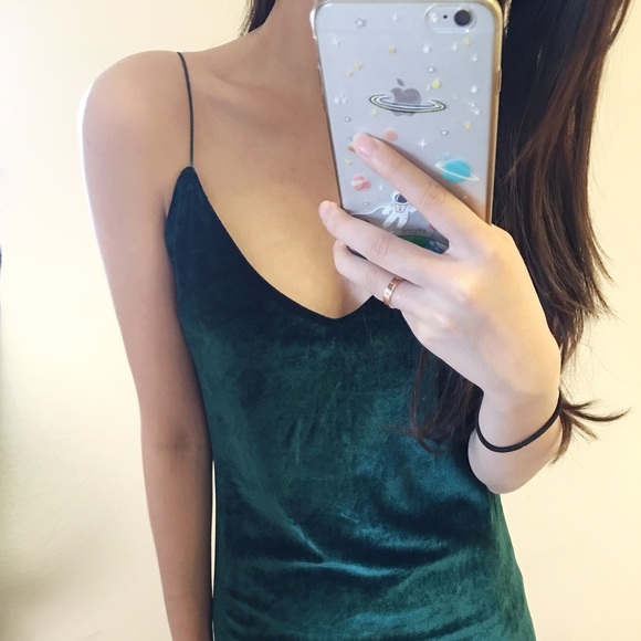Green velvet thin strip slip dress - Picture 4 of 5