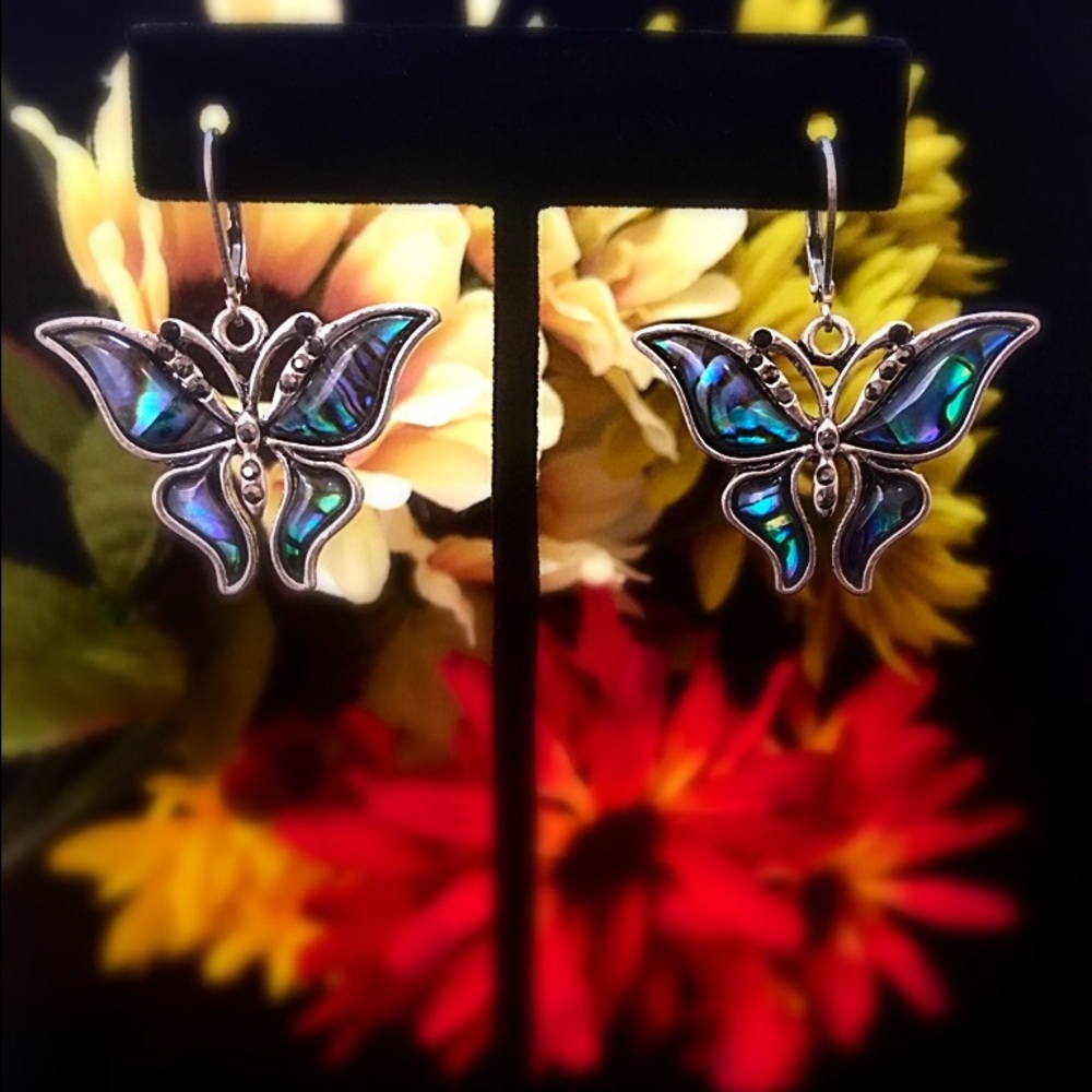 Abalone Shell, Black Crystal Butterfly Earrings