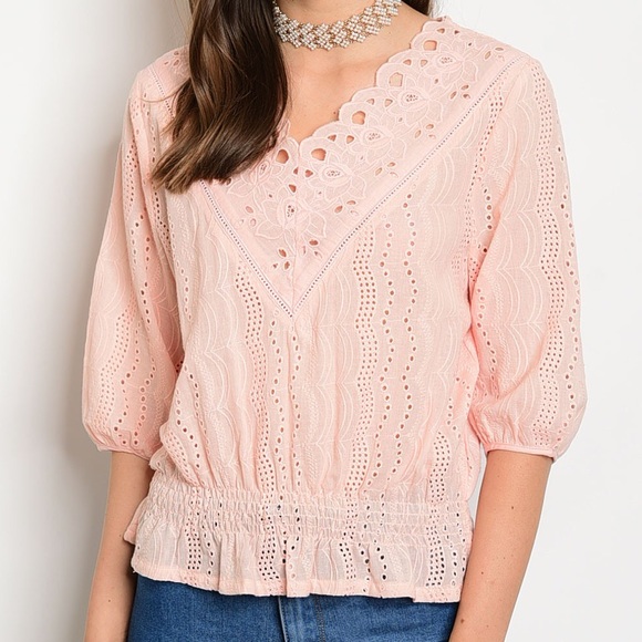 Tops | Last Onebaby Pink Eyelet Crochet Peplum Blouse | Poshmark