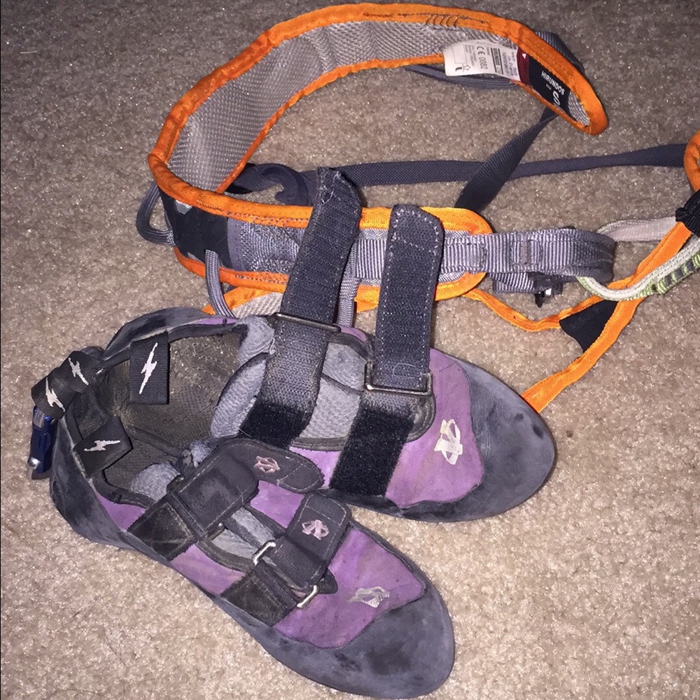 Rock climbing harness and shoes
