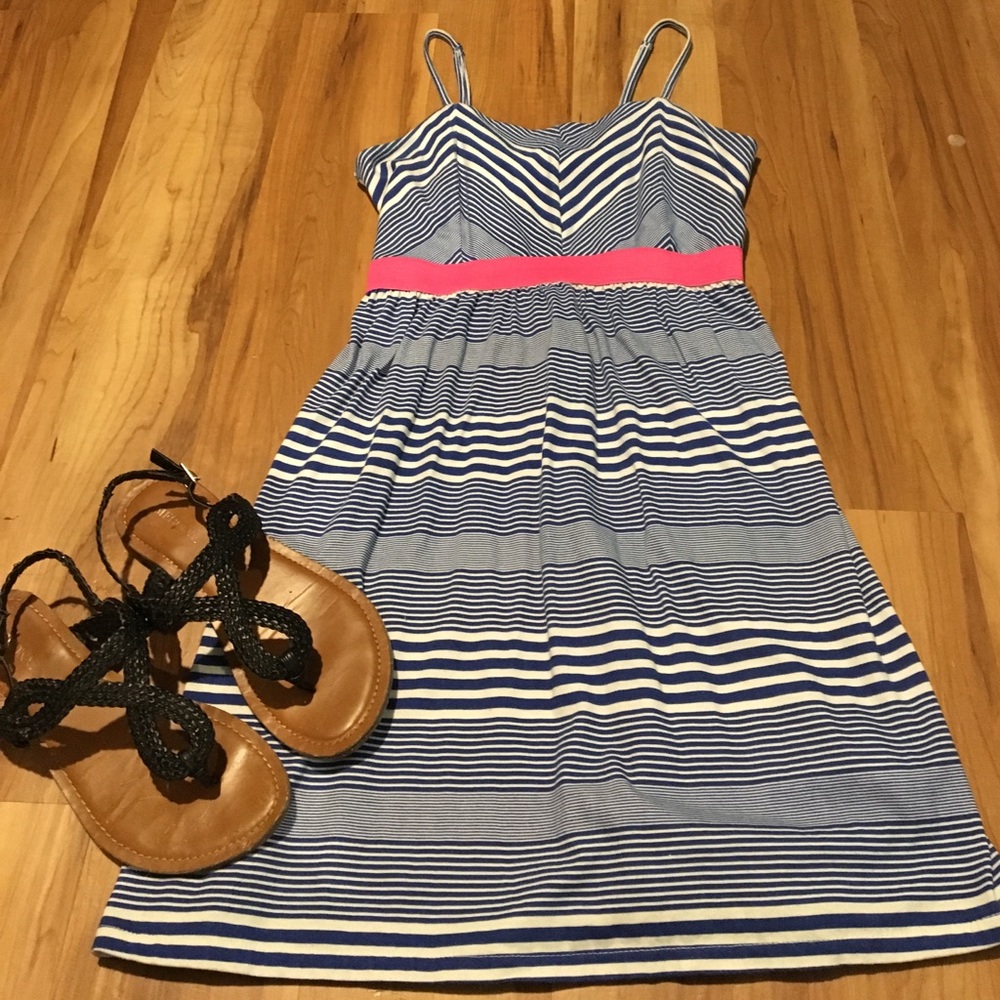 Dark Blue Striped Sun Dress with Bow in the Back