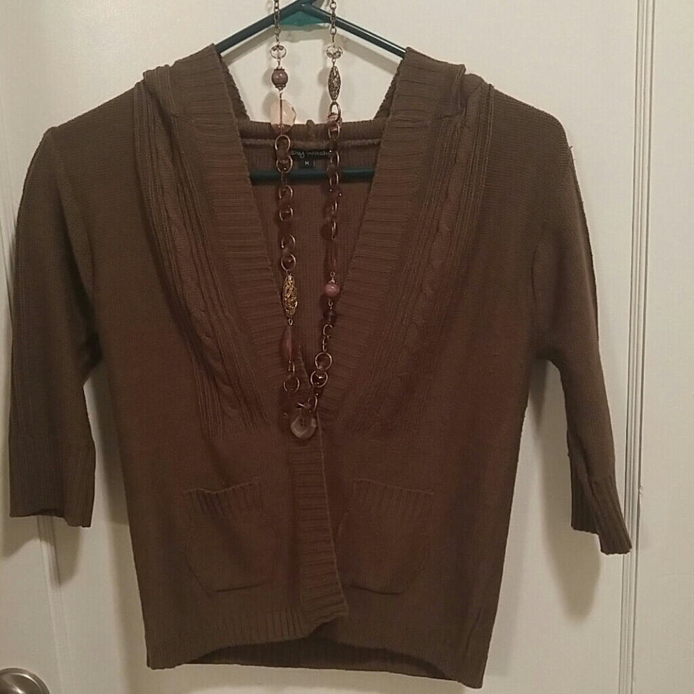 Brown hooded cardigan size M w/necklace