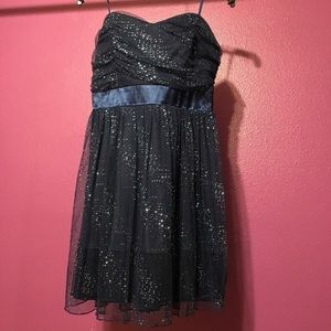 short, strapless glitter dress